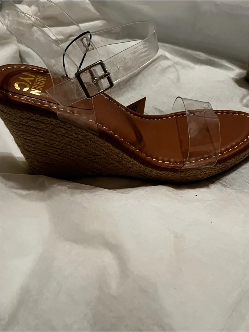 MADDEN NYC ~CLEAR LUCITE ESPADRILLE WEDGE SANDALS~SIZE 9 - Picture 2 of 8